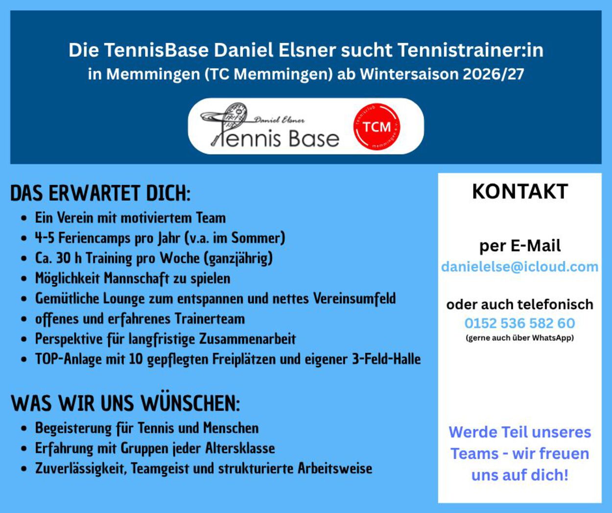 Die TennisBase Daniel Elsner sucht Tennistrainer:in ab der Wintersaison 2026/27